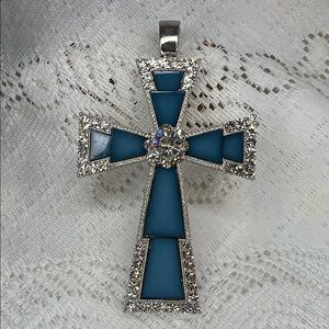 Dark Blue Inlay with Rhinestone Crystals Silver Cross Pendant Vintage Estate